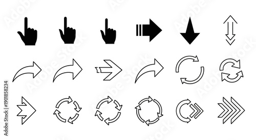 A collection of various arrow and cursor icons in black and white, arranged in rows.