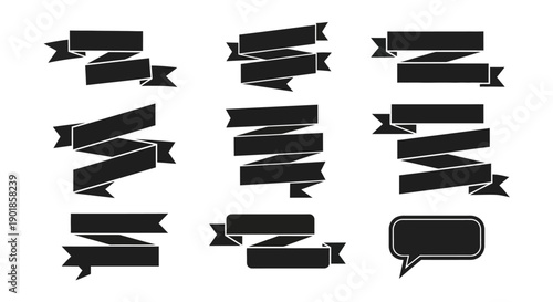 A collection of nine black ribbon banners and a speech bubble graphic element on a white background.