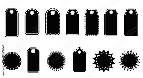 Collection of various black price tags and labels with different shapes and designs.