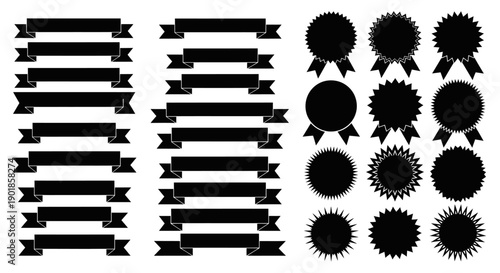 A collection of black ribbon banners and award rosette badges, presented in a clean, graphic style on a white background.