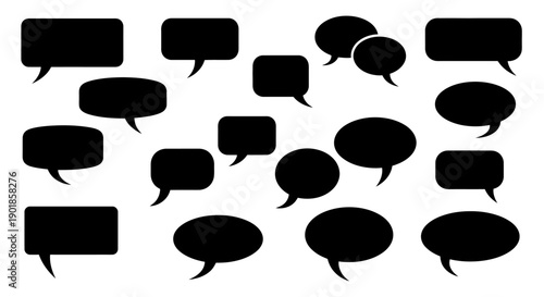 A collection of various black speech bubbles and thought bubbles on a white background.