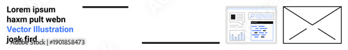 Digital communication, online messaging, web design, graphic layout, content , workflow diagrams. Visual of text, digital interface layout and an envelope. Digital communication and online messaging
