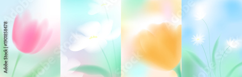 Blurred spring aesthetic flowers set. Macro flowers. White, pink, blue, yellow soft colors. Blurry landscape with plants. Design for card, invitation, cover, post. Place for text.