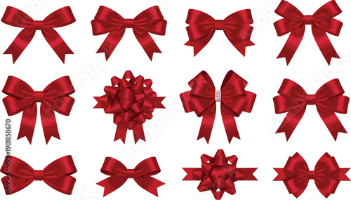 Red gift ribbon bow collection isolated on white background realistic satin decorative festive vector illustration set