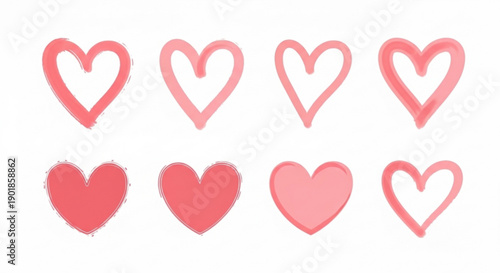 Eight pink and red heart shapes on white background for love and valentine's day concepts