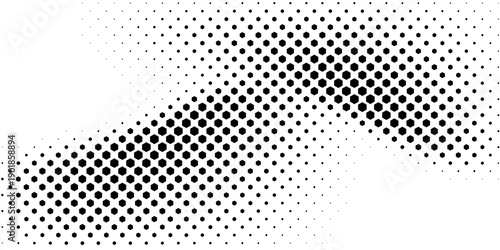 Hexagon halftone gradient texture. Abstract black grunge background. Geometric retro halftone tech overlay. Fading wavy hexagonal pattern backdrop. Vector wallpaper