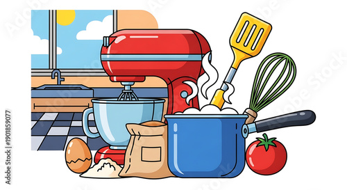 Colorful kitchen scene with red mixer cooking pot utensils and food on countertop near window