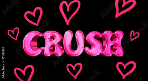 Glowing pink 'crush' text surrounded by hearts on black background love and passion concept