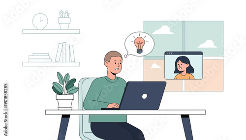 Man working remotely on laptop with video call and idea bubble while sitting at office desk with a potted plant