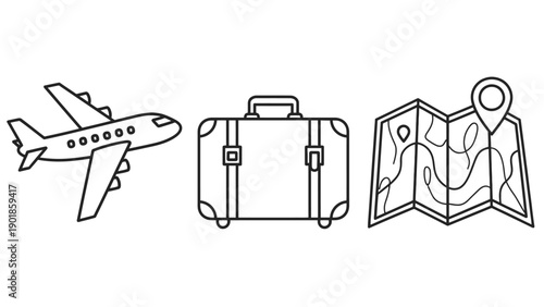 Professional travel and tourism icon set featuring airplane suitcase and map for international vacation planning