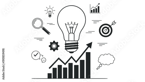 Innovative business growth and idea concept with lightbulb gears and growth charts for professional corporate performance management branding resources.