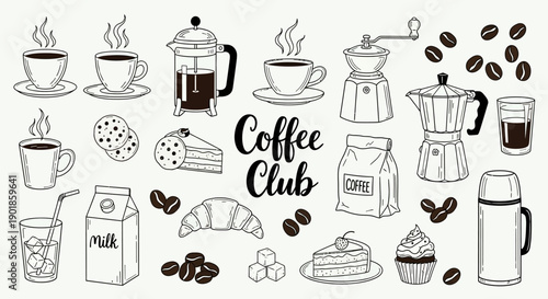 Coffee and Pastry Assortment Collection: French Press, Moka Pot, Beans, Cups, and Sweets