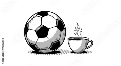 Black and White Illustration of a Soccer Ball Next to a Steaming Cup of Coffee