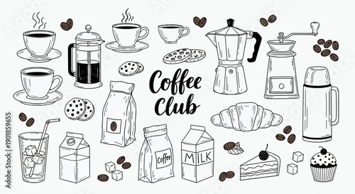 Coffee Club Hand-Drawn Doodle Elements: Drinks, Pastries, and Coffee Making Tools
