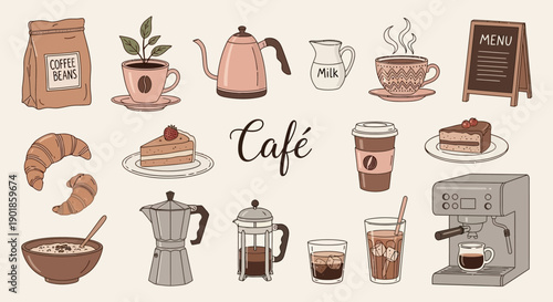 Diverse Collection of Coffee-Related Items for a Cozy Cafe Experience