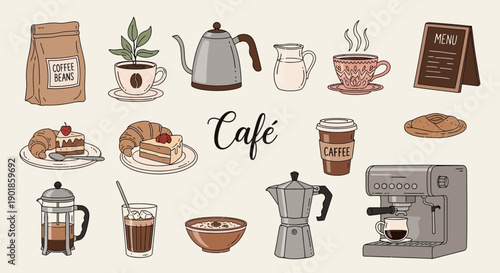 Collection of illustrated coffee shop items and cafe treats with hand-drawn style