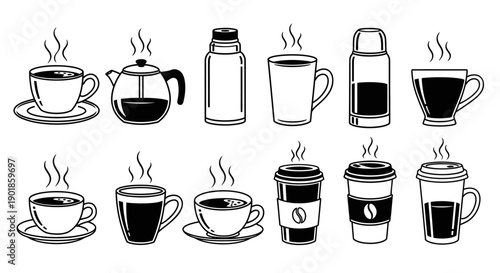 Hot Beverage Collection: Coffee Cups, Teapots, and Thermoses with Steam