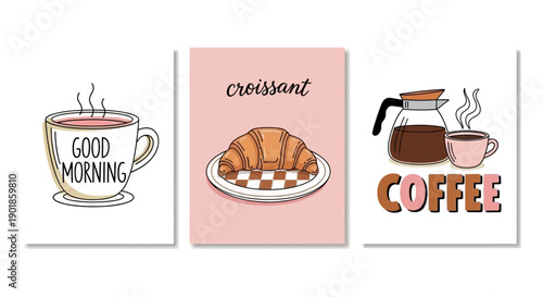 Cute Hand Drawn Breakfast Illustrations: Coffee Cup, Croissant, and Coffee Pot