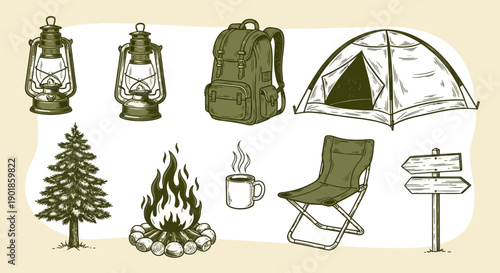 Camping and Outdoor Adventure Gear Collection: Tent, Backpack, Lanterns, Campfire