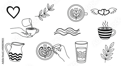 Coffee Making Elements and Symbols: Heart, Leaves, Waves, and Drinks