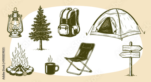 Camping and Outdoor Adventure Gear Collection: Tent, Backpack, Lantern, Campfire, Chair, Sign