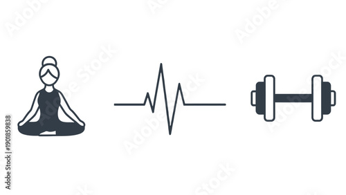 Comprehensive wellness and fitness icon set featuring yoga pose heartbeat and dumbbell for clinical health coaching and gym industry 