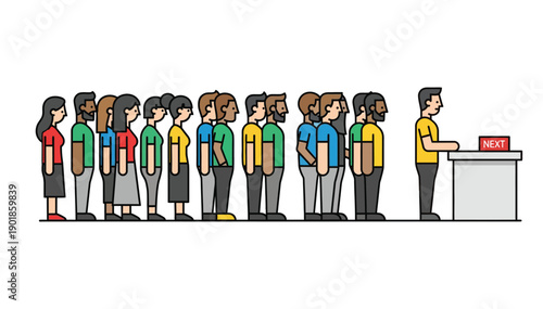 Diverse group of people standing in a queue waiting to be served by a receptionist at a counter