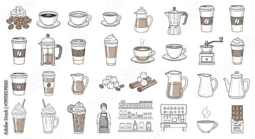 Collection of Coffee-Related Items and Drinks in Hand-Drawn Style