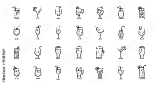 Collection of Outline Icons Representing Various Types of Alcoholic and Non-Alcoholic Beverages