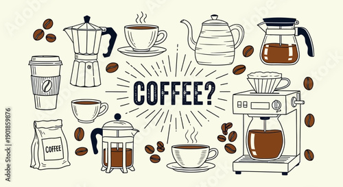 Various Coffee Brewing Methods and Coffee Beans Illustrated on a Cream Background