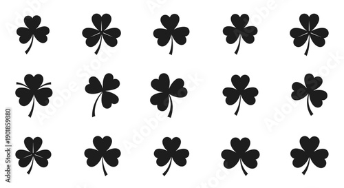 Set of Black Clover Symbols on White Background, Saint Patrick's Day Icon Collection