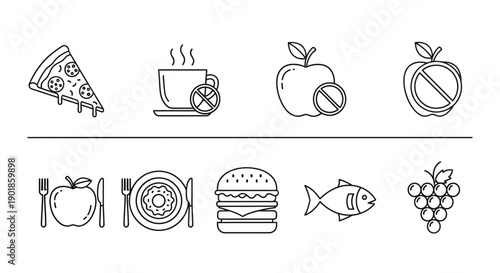 Healthy and unhealthy food icons collection on white background, diet concept