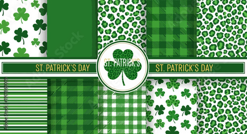 St. Patrick's Day seamless patterns with shamrocks, leopard and plaid textures