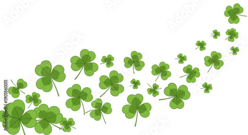 Green Shamrocks Flowing in a Curve on a White Background, Lucky Symbol