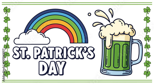 St. Patrick's Day Rainbow and Green Beer Illustration with Shamrocks