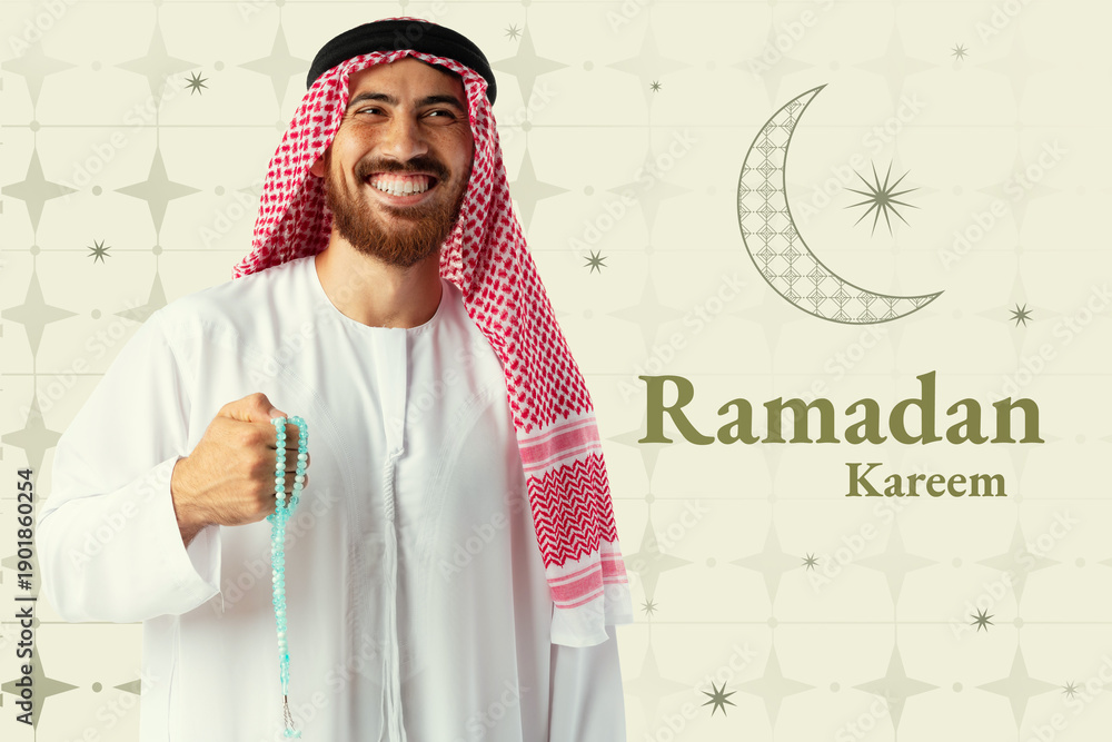 Fototapeta premium Celebration of Ramadan with a smiling man holding prayer beads