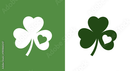 Green Shamrocks with Hearts Symbolizing Luck and Love on White and Green Backgrounds
