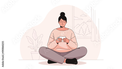 Young woman sitting cross-legged on the floor using a smartphone in a relaxed and peaceful environment at home