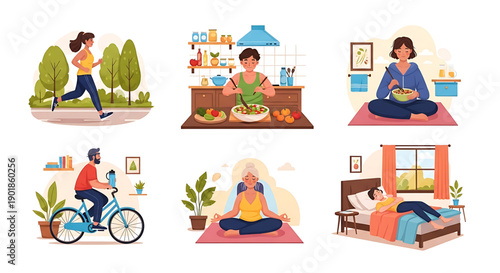People engaging in various daily activities and self care routines at home and outdoors