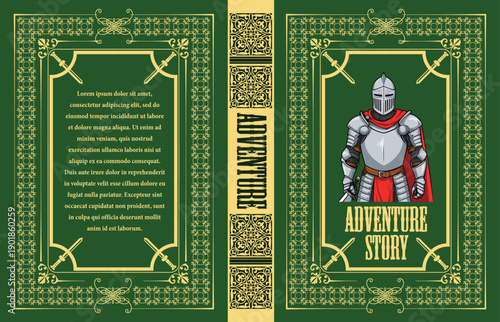 065-46-Medieval adventure story book cover featuring a knight in armor and decorative border