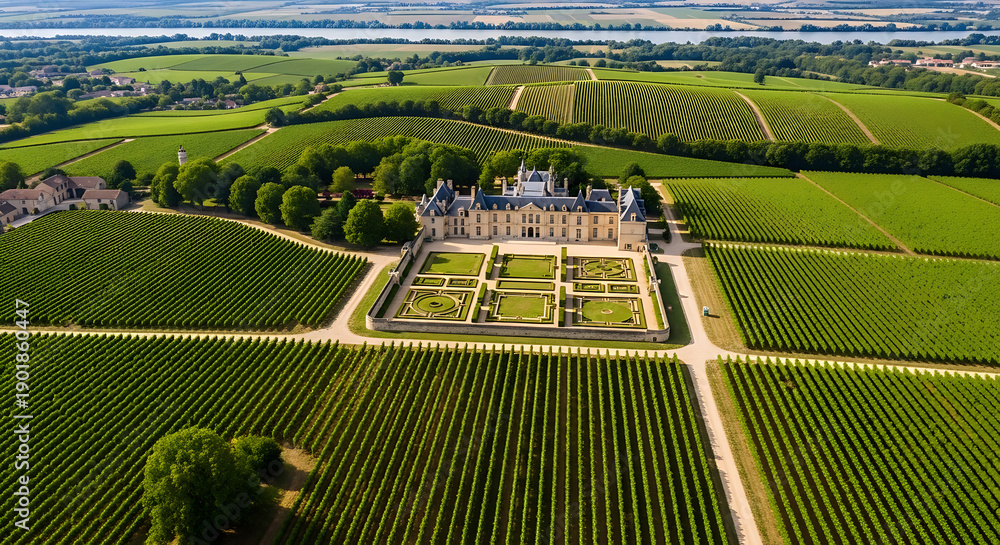 Fototapeta premium Overhead drone photo of Bordeaux vineyards wine estates and Garonne River France