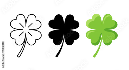 Three Clover Icons: Outline, Silhouette, and Vibrant Green with Shadow