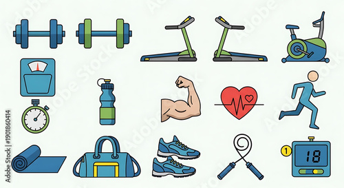 Fitness icons set with gym equipment sportswear and health symbols on white background illustrating workout and exercise concepts
