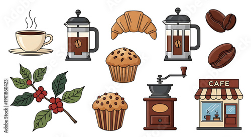Coffee shop essentials coffee beans muffins croissants and cafe perfect for morning routine and bakery illustration