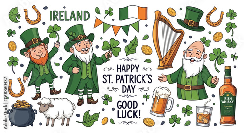 Happy St. Patrick's Day Irish Celebration with Leprechauns, Harp, Beer, and Whiskey