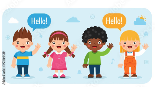 Diverse Kids Waving Hello, Greeting, Learning Languages