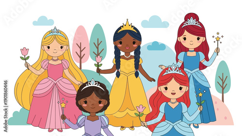 Diverse Princesses Group Illustration, Fairytale Characters, Magic Wands, Cute Cartoon Style
