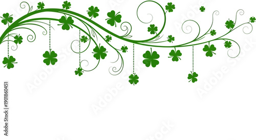 Green St. Patrick's Day Clover Garland with Swirls and Dangles on White Background