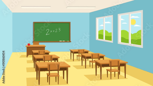 Empty classroom with desks, chairs, and blackboard with math equation, natural light from windows.