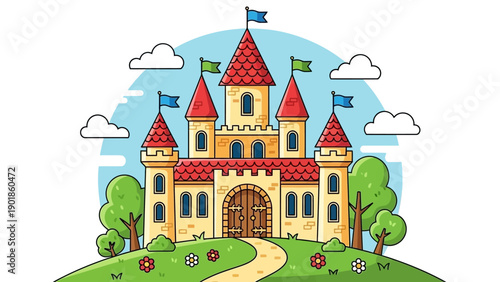Fairytale Castle Illustration on a Hill with Flags and Trees